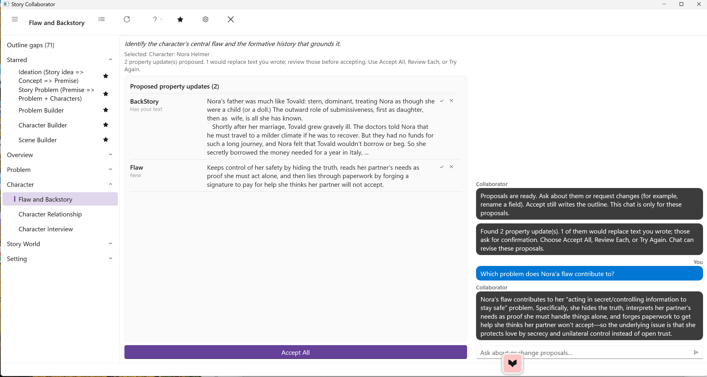 The chat column after Flaw and Backstory on Nora Helmer: a typed question about which problem her flaw contributes to, and Collaborator's answer