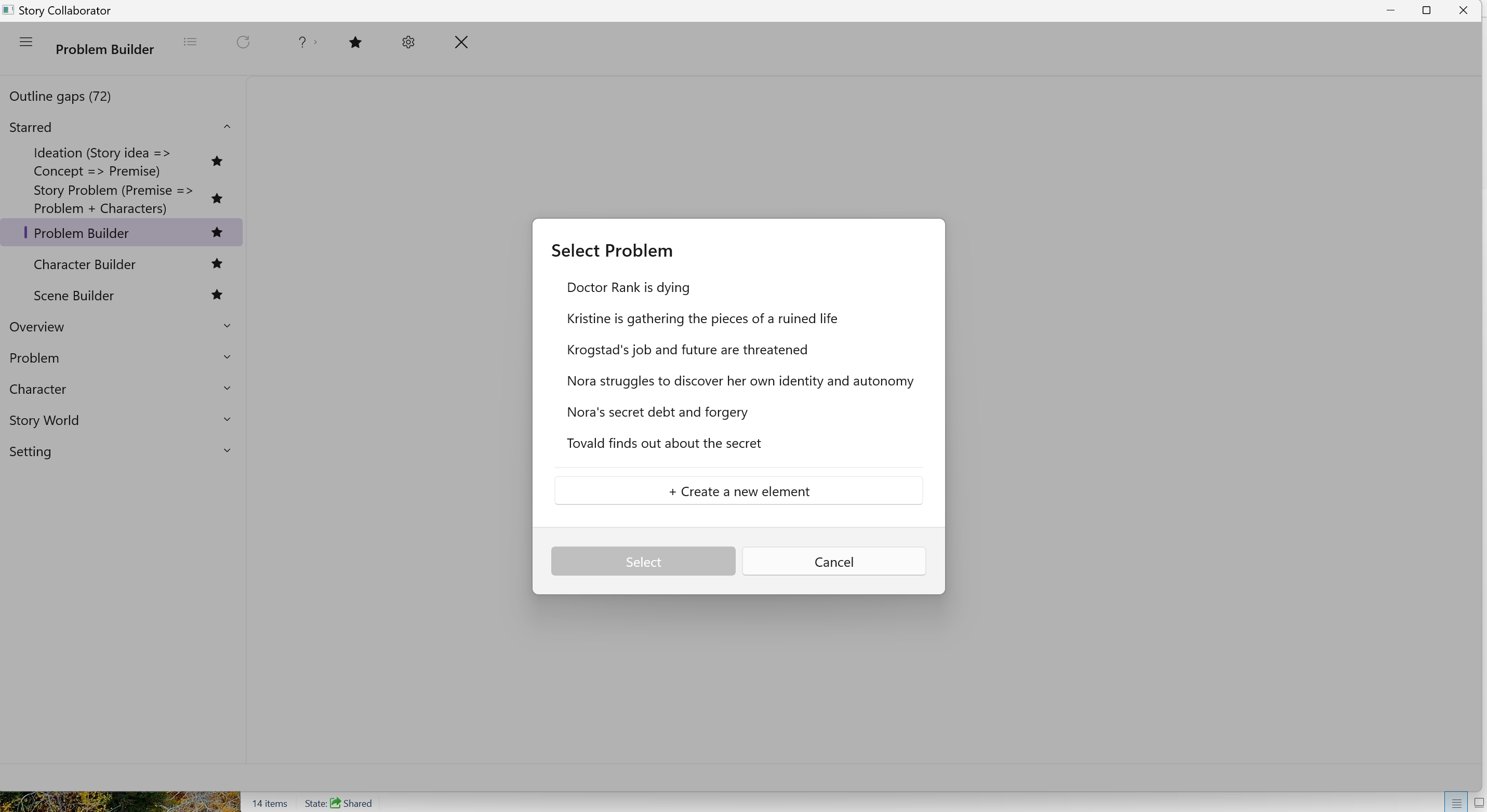 The Select Problem dialog, listing the outline's problems with an option to create a new element