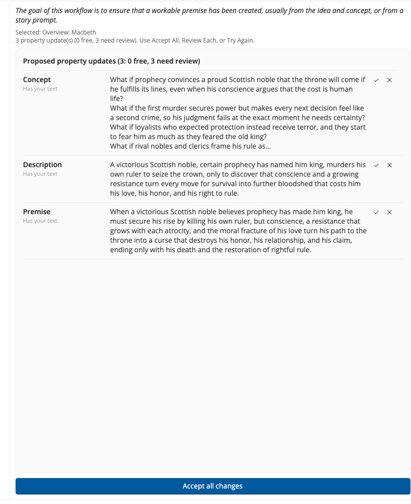 A Property Updates list headed 'Proposed property updates (3: 0 free, 3 need review)', each row showing a field name, its type, and the proposed text