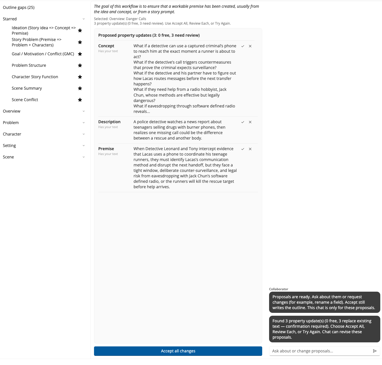 The Ideation (Story idea => Concept => Premise) workflow finished on Danger Calls: three proposals headed 3: 0 free, 3 need review, each labeled Has your text