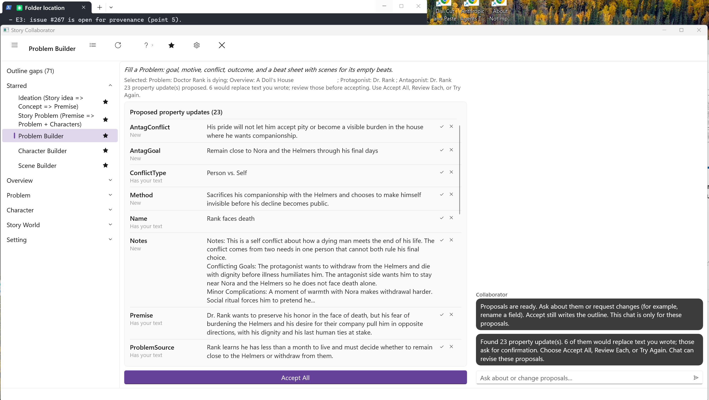 A finished Problem Builder run: 23 proposed property updates, each labeled New or Has your text, with Accept All at the foot of the list