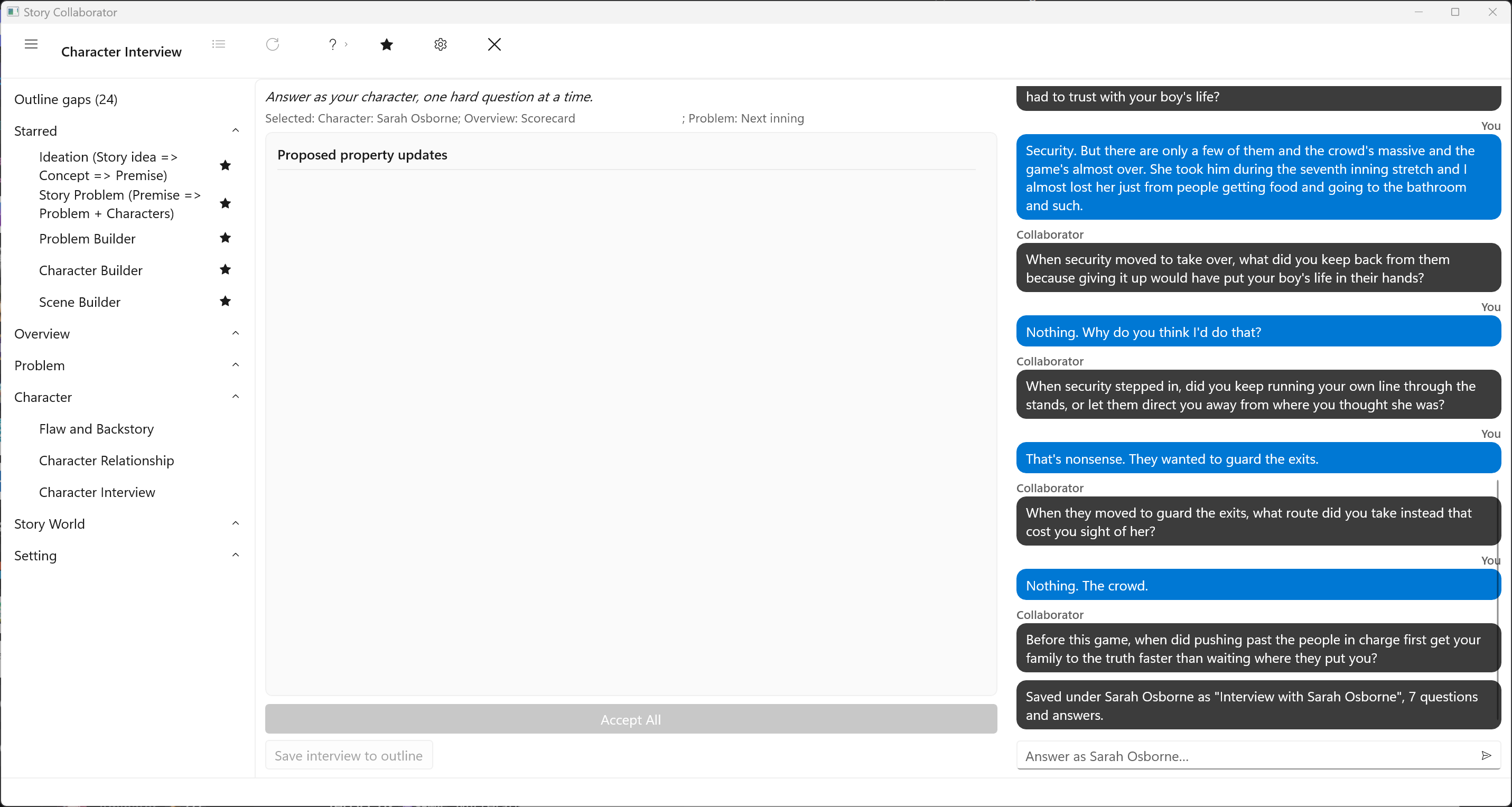 Character Interview at the end: still on Flaw, Save interview to outline visible
