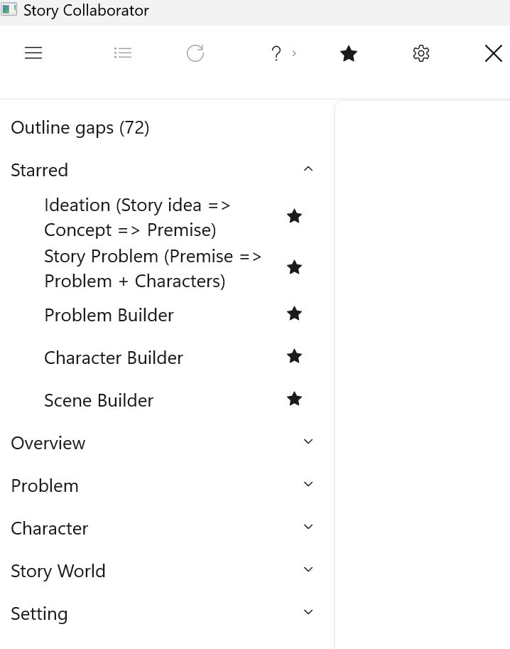 The workflow pane: outline gaps at the top, then the starred band, then collapsed element groups