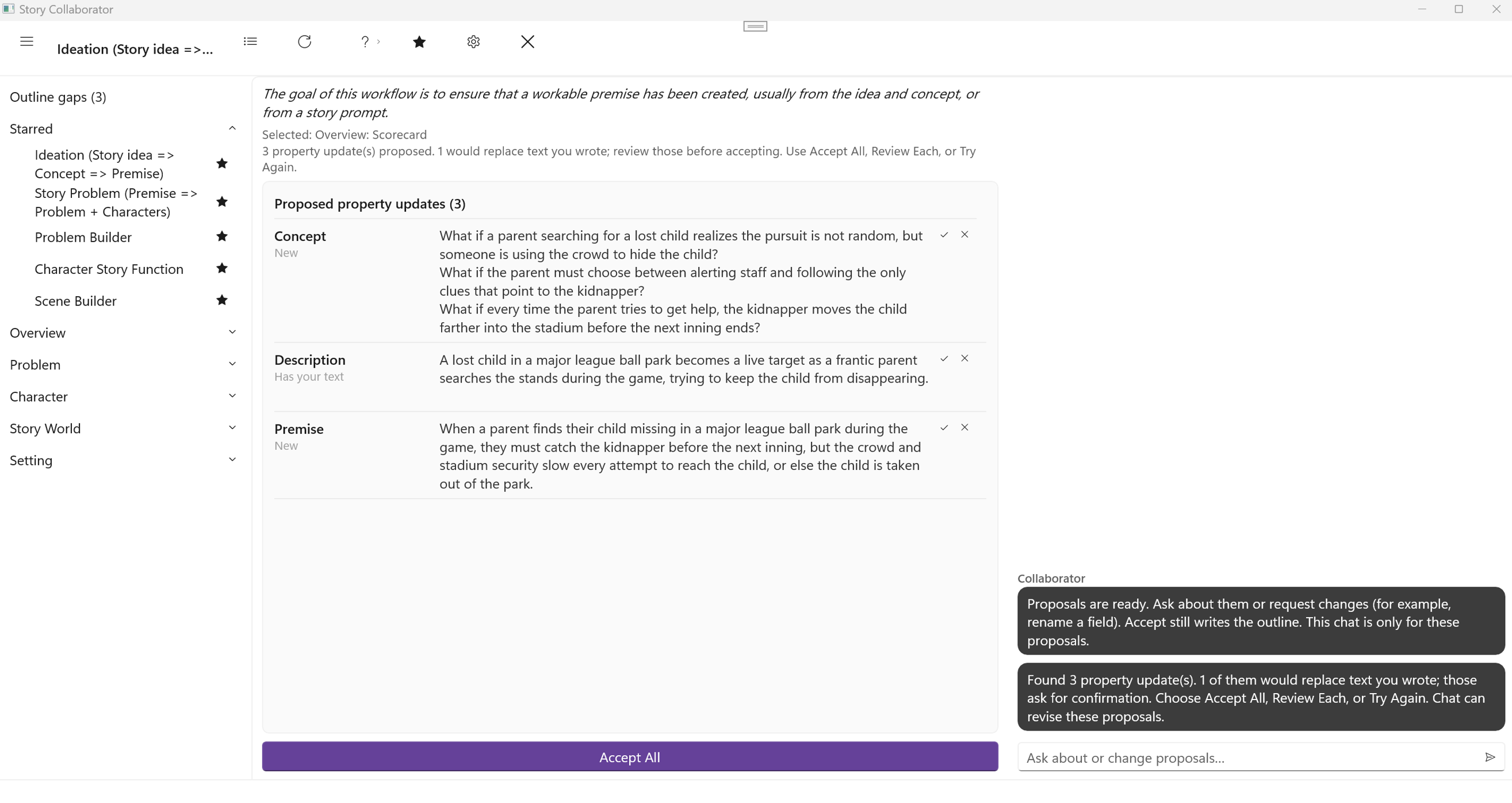 Property Updates after Ideation: Concept and Premise marked New, Description marked Has your text
