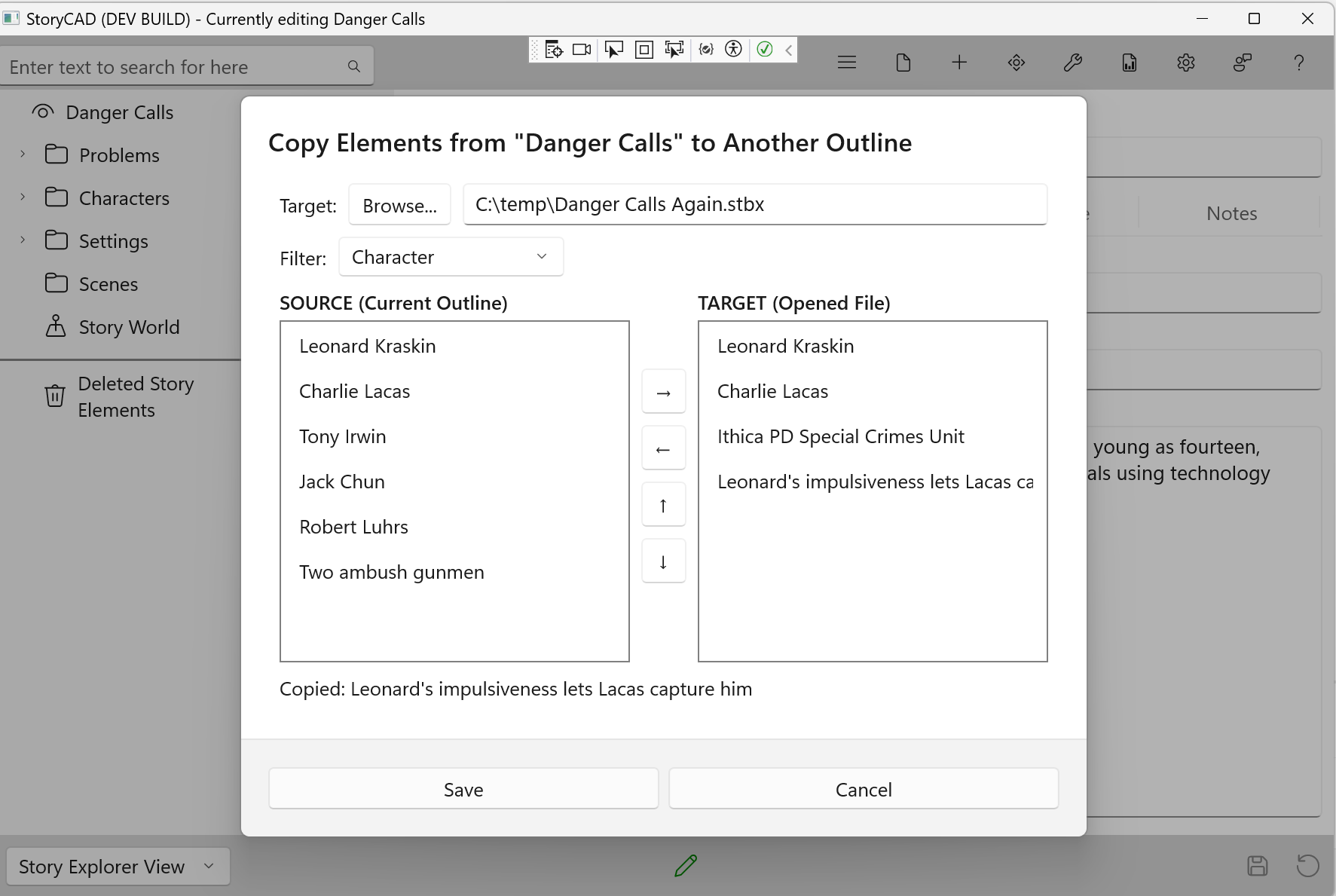 Dialog showing copied elements in the target list